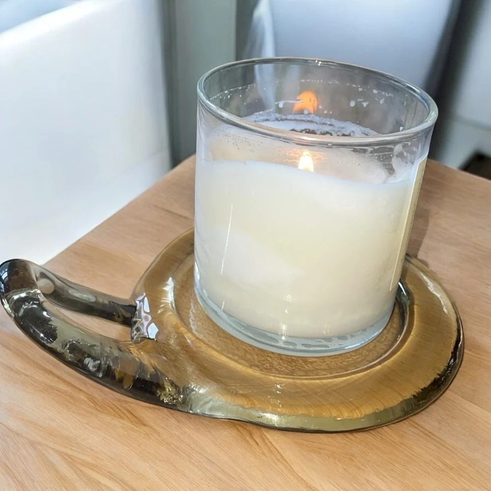 Handmade glass candle plate, light amber color, excellent condition